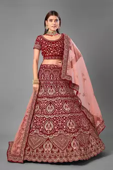 Maroon embroidered velvet semi stitched lehenga
