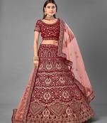 Maroon Dori embroidered velvet semi stitched lehenga