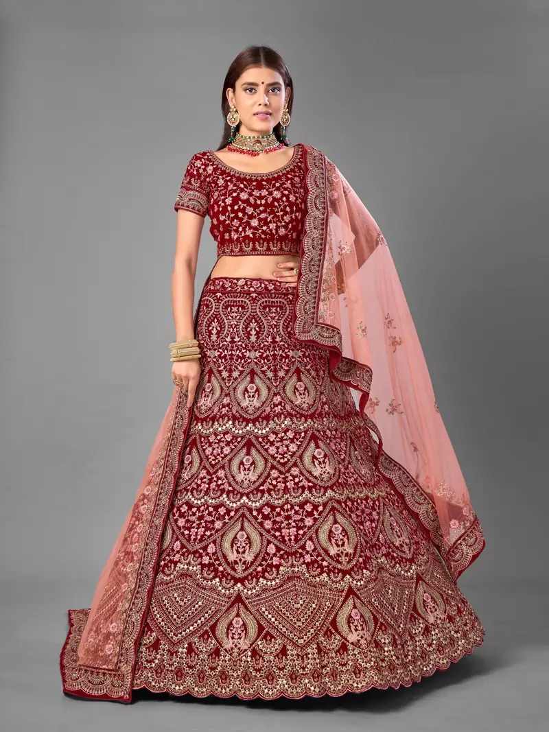 Maroon embroidered velvet semi stitched lehenga