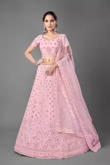 Pink embroidered georgette semi stitched lehenga