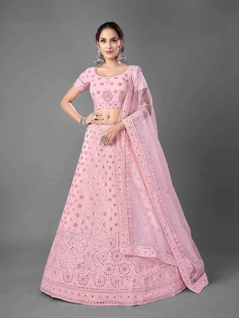 Pink embroidered georgette semi stitched lehenga
