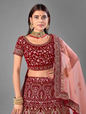 Maroon Dori embroidered velvet semi stitched lehenga 2