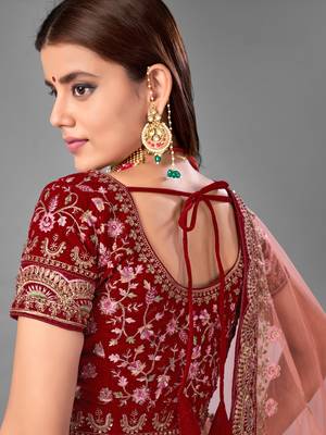 Maroon Dori embroidered velvet semi stitched lehenga 3