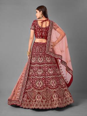 Maroon Dori embroidered velvet semi stitched lehenga 4