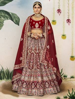 Maroon Thread, dori, zari, and sequins embroidered velvet lehenga choli for wedding 1