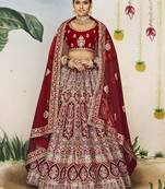 Maroon Thread, dori, zari, and sequins embroidered velvet lehenga choli for wedding