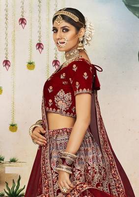 Maroon Thread, dori, zari, and sequins embroidered velvet lehenga choli for wedding 2