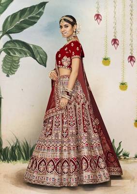 Maroon Thread, dori, zari, and sequins embroidered velvet lehenga choli for wedding 3