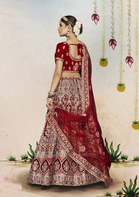 Maroon Thread, dori, zari, and sequins embroidered velvet lehenga choli for wedding 4