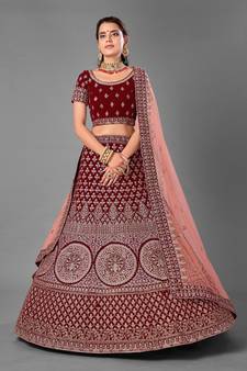 Maroon embroidered velvet semi stitched lehenga
