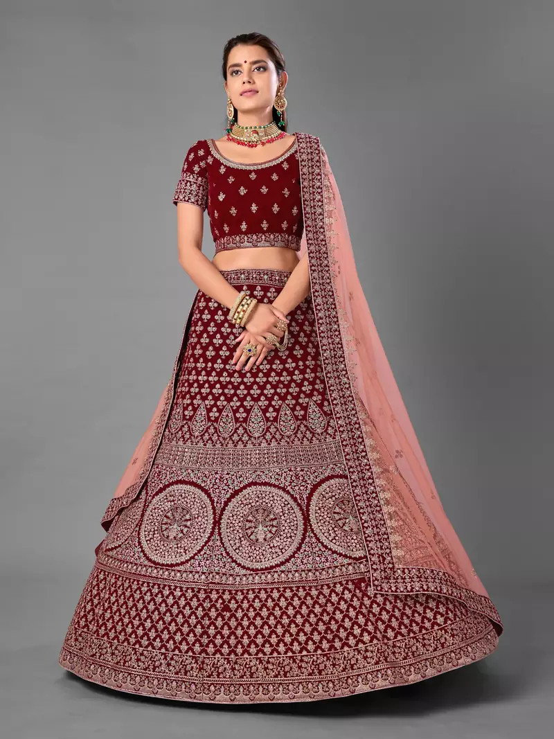 Maroon embroidered velvet semi stitched lehenga
