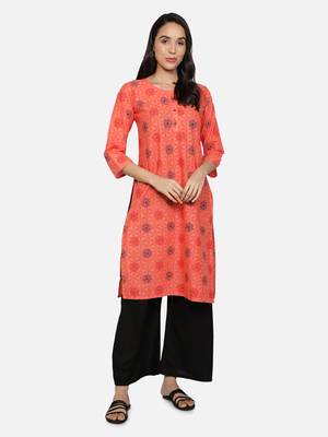 Orange cotton printed stitched   Kurti 1