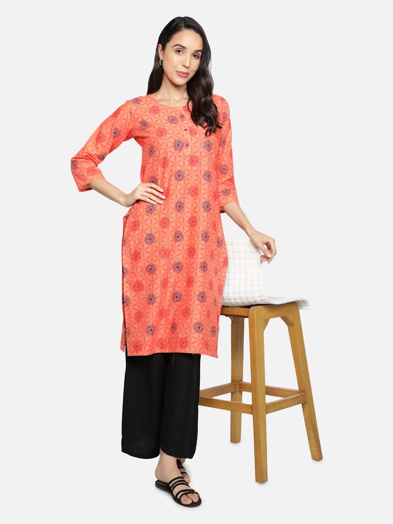 Orange cotton printed stitched   Kurti