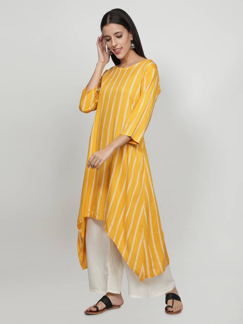 Yellow rayon printed stitched   Kurti