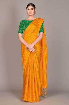 Orange plain silk blend saree with blouse