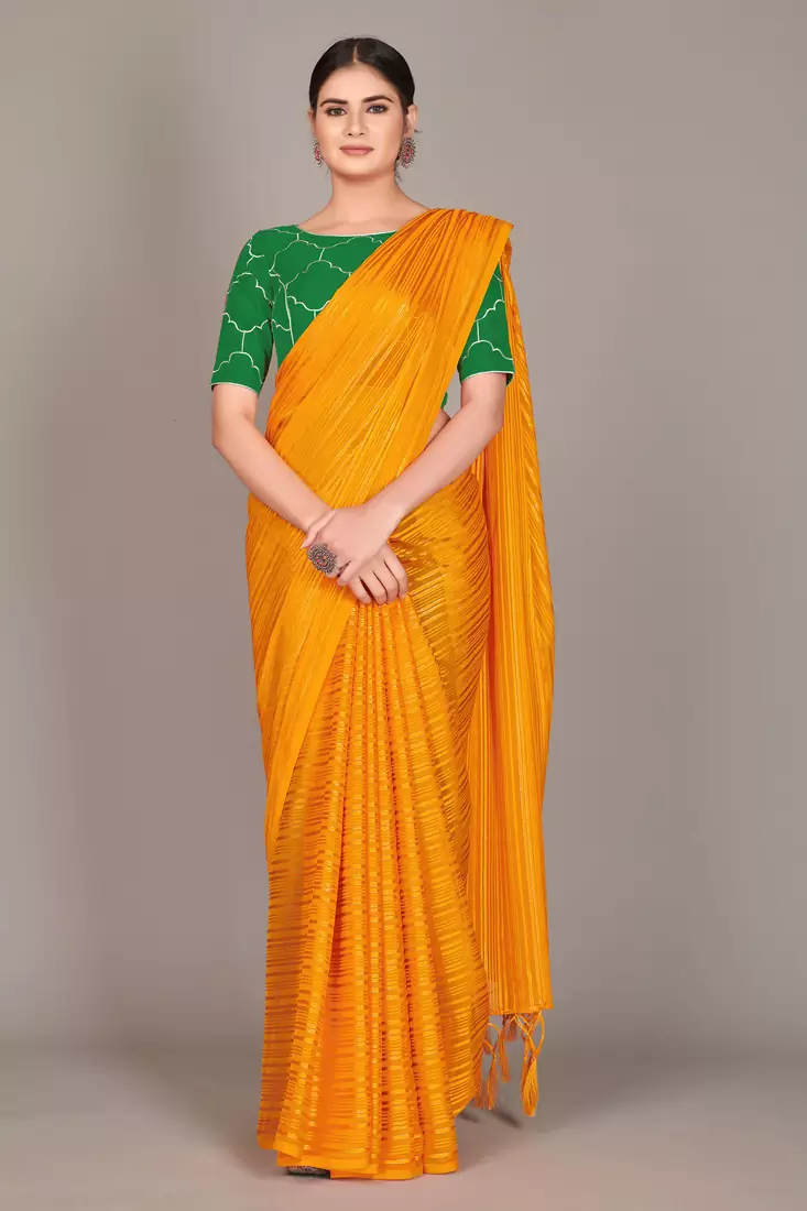 Orange plain silk blend saree with blouse