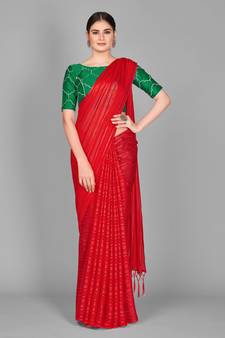 Red plain silk blend saree with blouse
