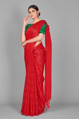 Red plain silk blend saree with blouse 2