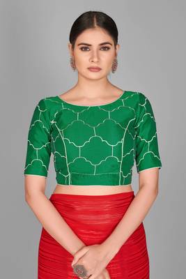 Red plain silk blend saree with blouse 4