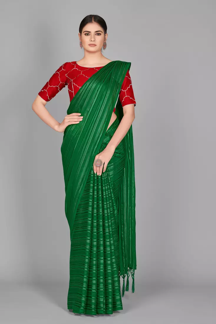 Green plain silk blend saree with blouse
