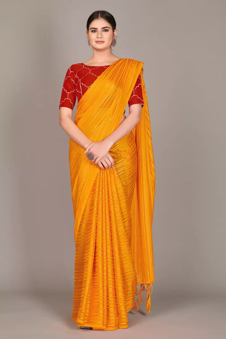 Yellow plain silk blend saree with blouse