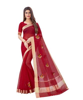 Cotton Silk Red Color Embroidered Chanderi Saree 1