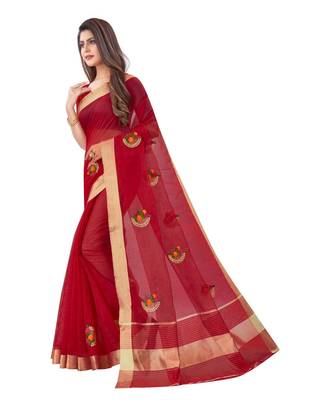 Cotton Silk Red Color Embroidered Chanderi Saree 2