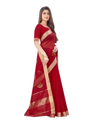 Cotton Silk Red Color Embroidered Chanderi Saree 3