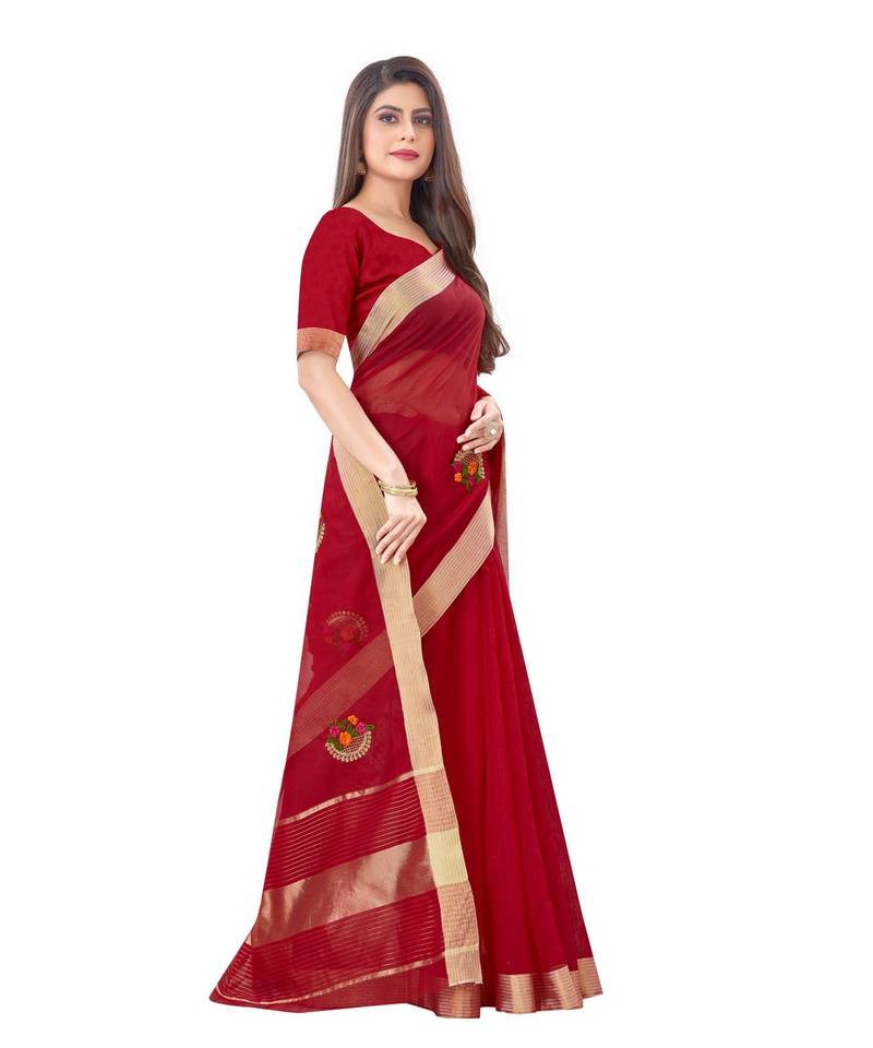 Cotton Silk Red Color Embroidered Chanderi Saree