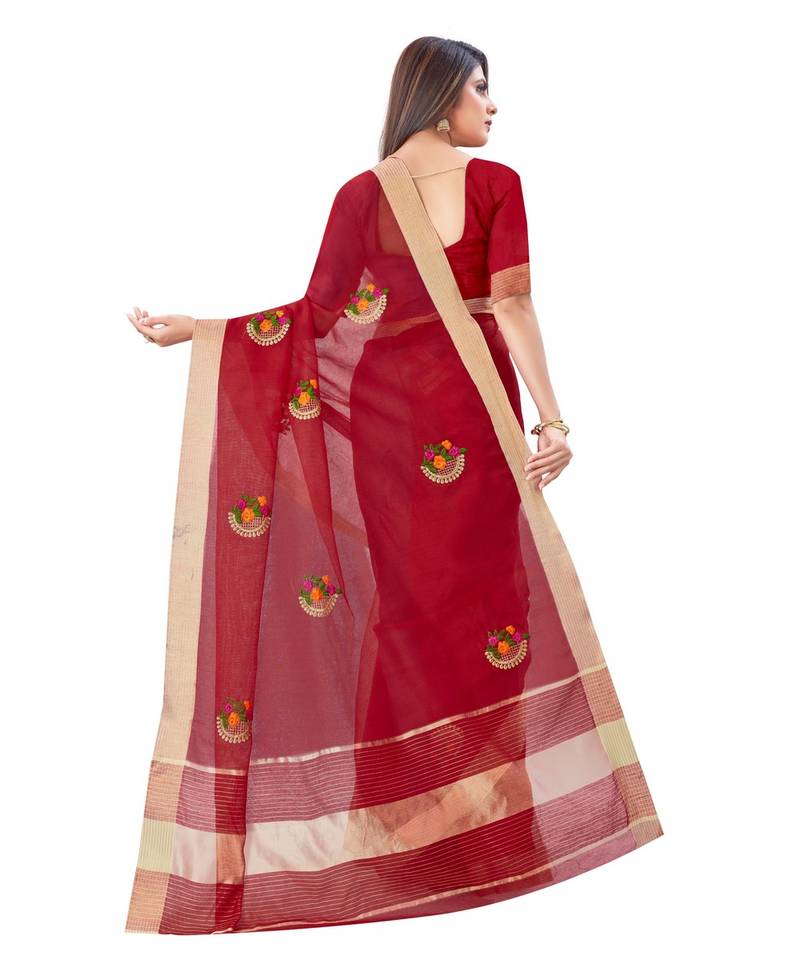 Cotton Silk Red Color Embroidered Chanderi Saree