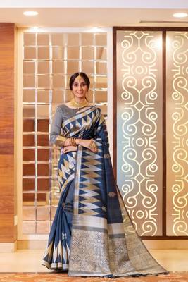 Olive woven raw silk saree with blouse 4