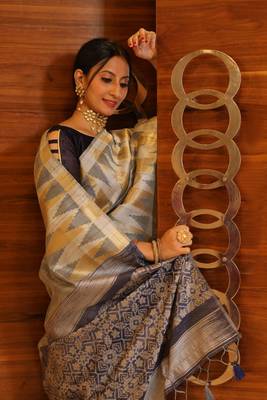 Yellow woven tissue saree with blouse 2