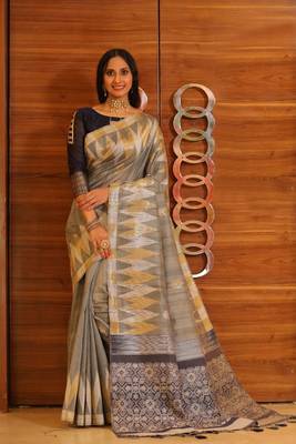 Yellow woven tissue saree with blouse 3