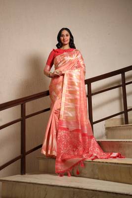 Peach woven tissue saree with blouse 1