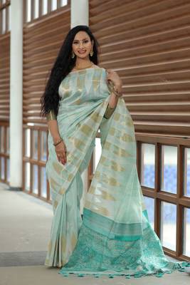 Yellow woven cotton saree with blouse 1