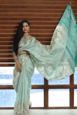 Yellow woven cotton saree with blouse 3