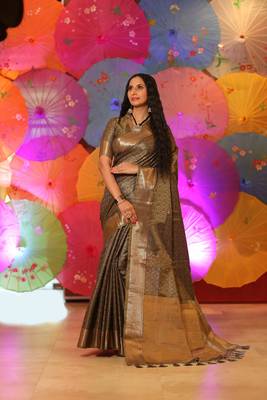 Orange woven tissue saree with blouse 1