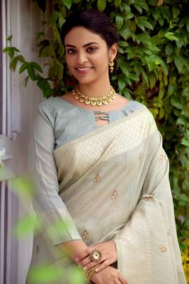 Blue printed cotton saree with blouse 3