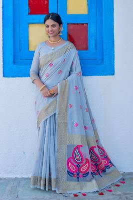 Yellow woven tussar silk saree with blouse 3