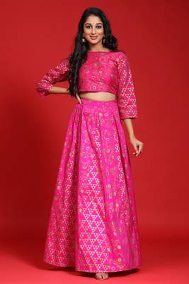 Fuschia Taffeta Silk Foil Print Lehenga Choli Set 1