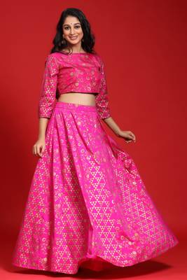 Fuschia Taffeta Silk Foil Print Lehenga Choli Set 2