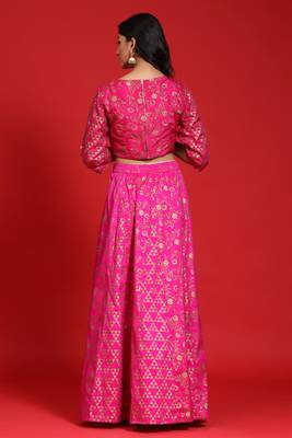 Fuschia Taffeta Silk Foil Print Lehenga Choli Set 3