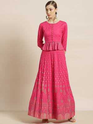 Fuschia Rayon & Cambric Printed Peplum Lehenga Choli Sets 1