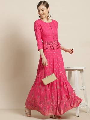 Fuschia Rayon & Cambric Printed Peplum Lehenga Choli Sets 2