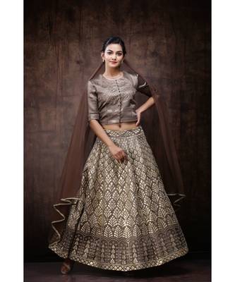 Brown Jute Jacquard Lehenga Choli Dupatta Set 1