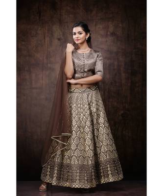 Brown Jute Jacquard Lehenga Choli Dupatta Set 2
