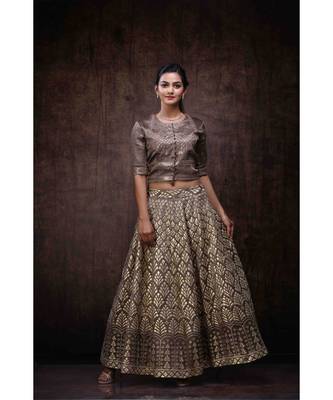 Brown Jute Jacquard Lehenga Choli Dupatta Set 4