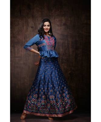 Teal Dull Satin Printed Kalidar Lehenga Choli Set 1