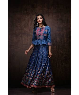 Teal Dull Satin Printed Kalidar Lehenga Choli Set 2