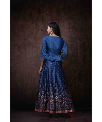 Teal Dull Satin Printed Kalidar Lehenga Choli Set 3